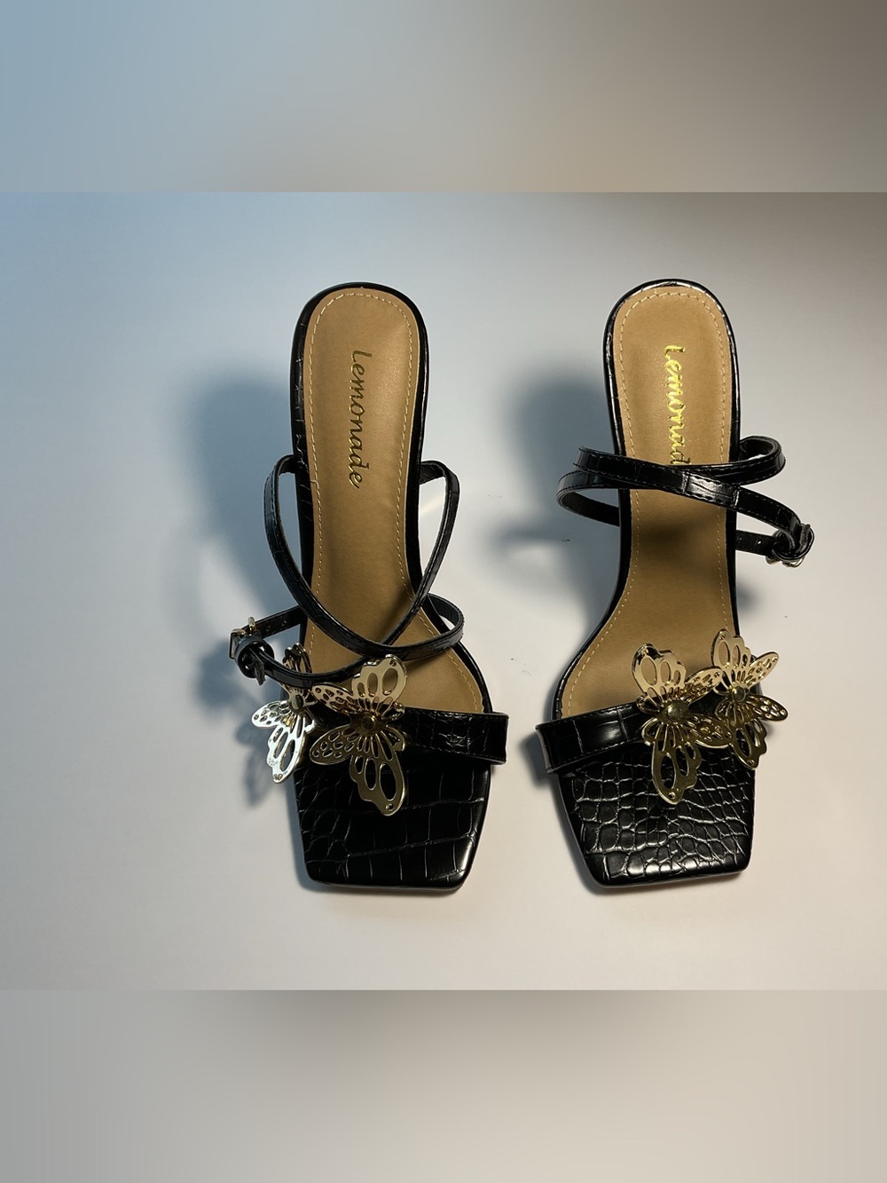 Lemonade Black Croc Embossed Ankle Strap Heels w/ Gold Butterfly Detail Size 7